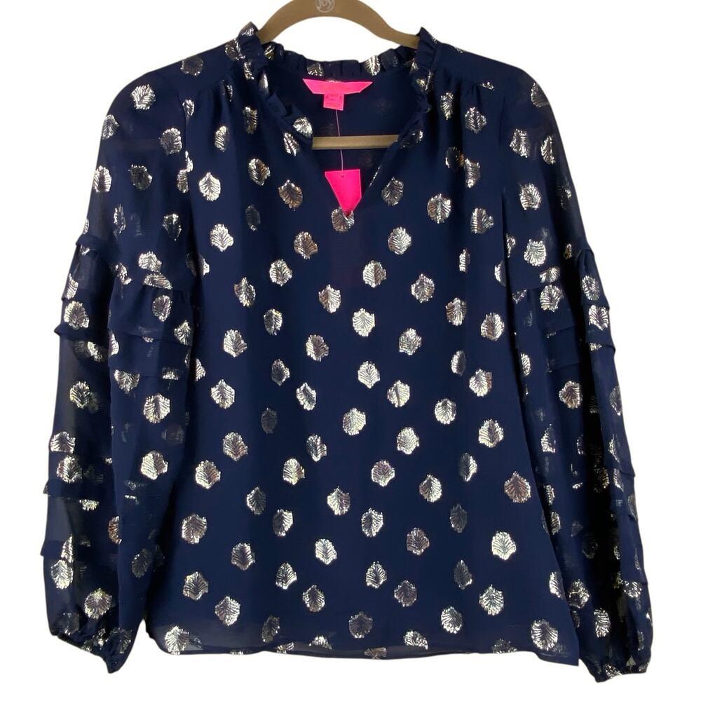 Lilly Pulitzer Silk Chiffon Blouse Size XXS New With Tags Dark Blue & Metallic